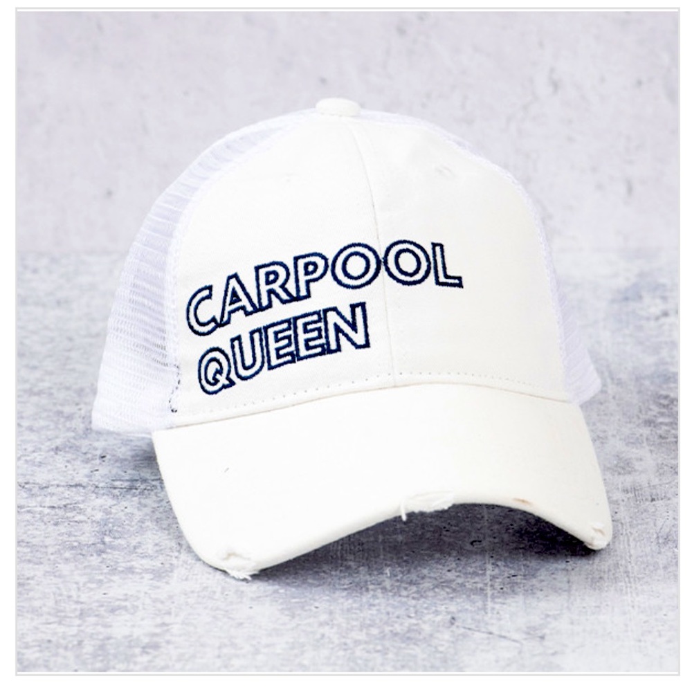 Carpool Queen Distressed White Baseball Cap - NWT